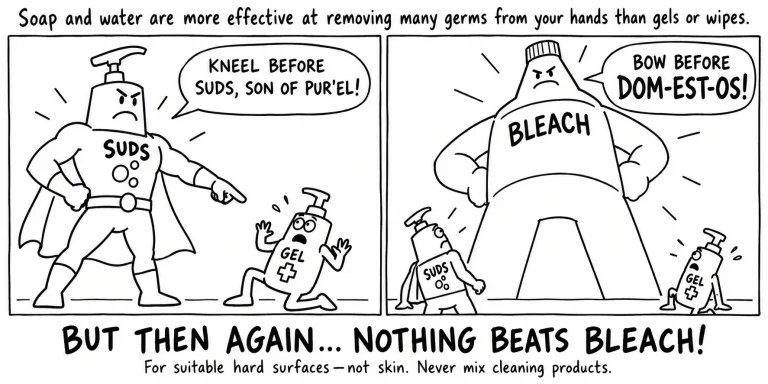 A hand-wash bottle declares "Kneel before Suds, son of Pur'El" at a hand-sanitizer bottle. They are both overshadowed by a bottle of bleach saying "Bow before Dom-Est-Os!". The comic says "Soap and water are more effective at removing many germs from your hands than gels or wipes. Then again...nothing beats BLEACH!"
